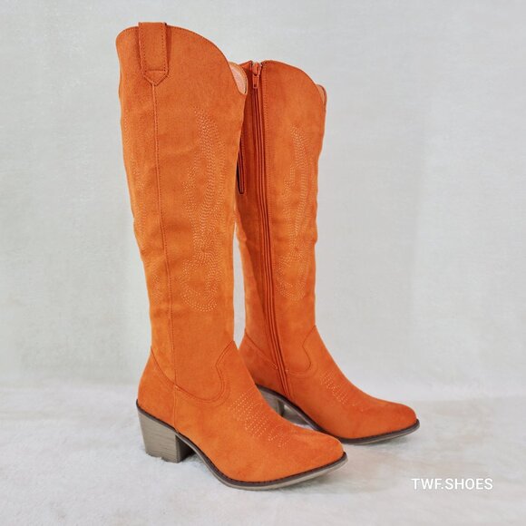 Wild Ones Orange Faux Suede Country Western Cowgirl Knee Boots - Picture 15 of 15